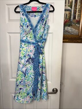 Lilly Pulitzer Blue and White Floral-Print Wrap Midi Dress